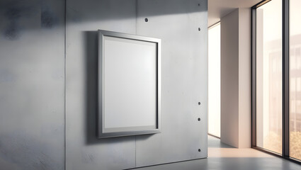A blank poster frame mounted on a concrete wall in a contemporary office setting, illuminated by natural light streaming through windows, representing potential advertising space