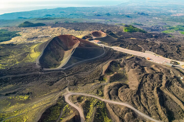 Aerial view of Etna Volcano crater  near Catania, Italy, Sicily.. Silvestri lava volcanic crater at...