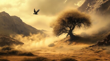 Fantasy Desert Landscape: Imagination Awakens with Birds, Trees, and Rocky Hills Amid Dusty Clouds
