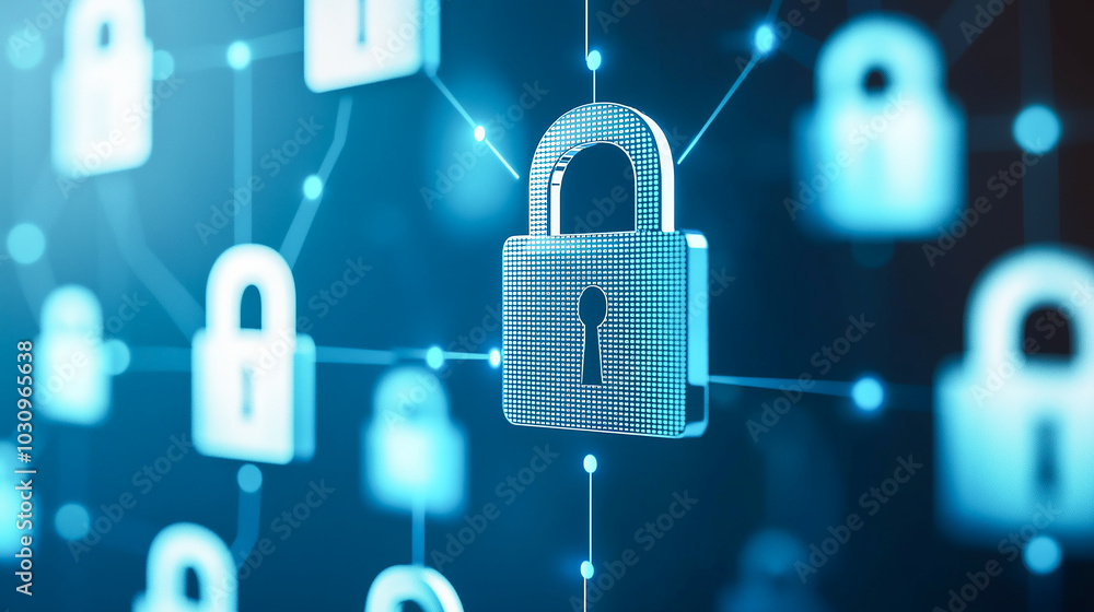 Poster illustration of digital security with interconnected locks symbolizing data protection and cybersecu