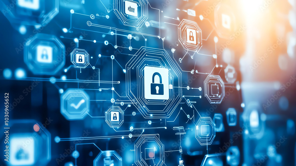 Poster a futuristic digital security network with lock symbols, representing cybersecurity and data protect
