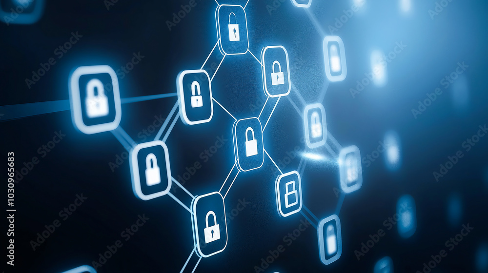 Aufkleber close-up of digital locks connected in a network, symbolizing data security and encryption in modern
