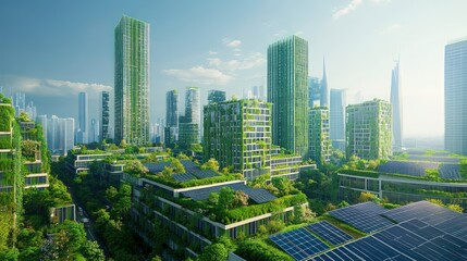 A green cityscape with solar panels integrated into skyscrapers, showcasing the harmony between urban development and renewable energy