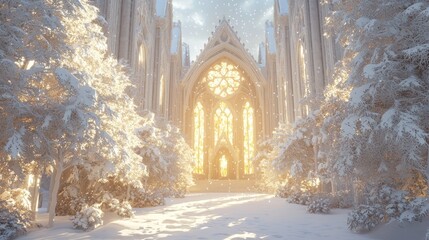 Majestic Winter Scene of Gothic Church in Snow-Covered Forest - Ultra-Detailed 3D Render Illustration