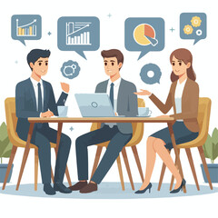 Partners meeting for business discussion with documents and laptop on desk. Couple at round table, speaking, discussing work, partnership. Flat vector illustration isolated on white background
