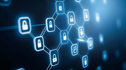 Fototapeta premium Close-up of digital locks connected in a network, symbolizing data security and encryption in modern technology.