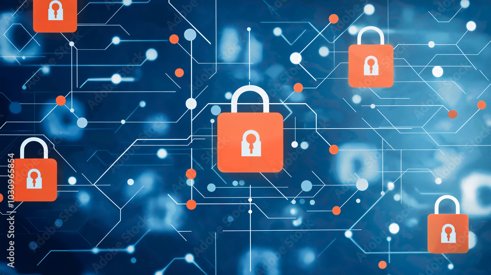 Poster digital illustration showcasing security locks on a network, symbolizing data protection and cyberse