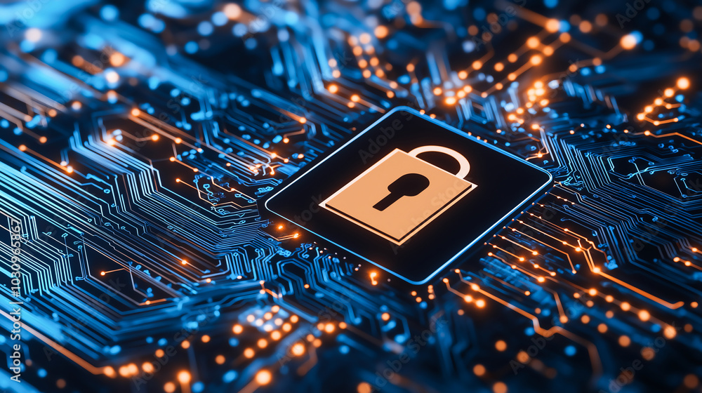 Poster a close-up of a digital lock symbol on a circuit board, representing cybersecurity and technology in