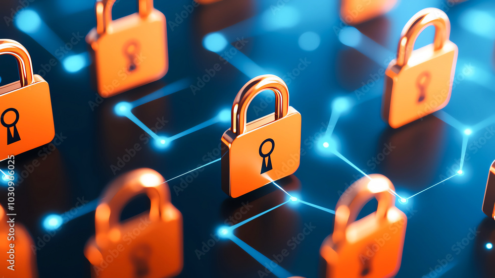 Aufkleber a vibrant digital network with golden locks symbolizing cybersecurity and data protection in a conne