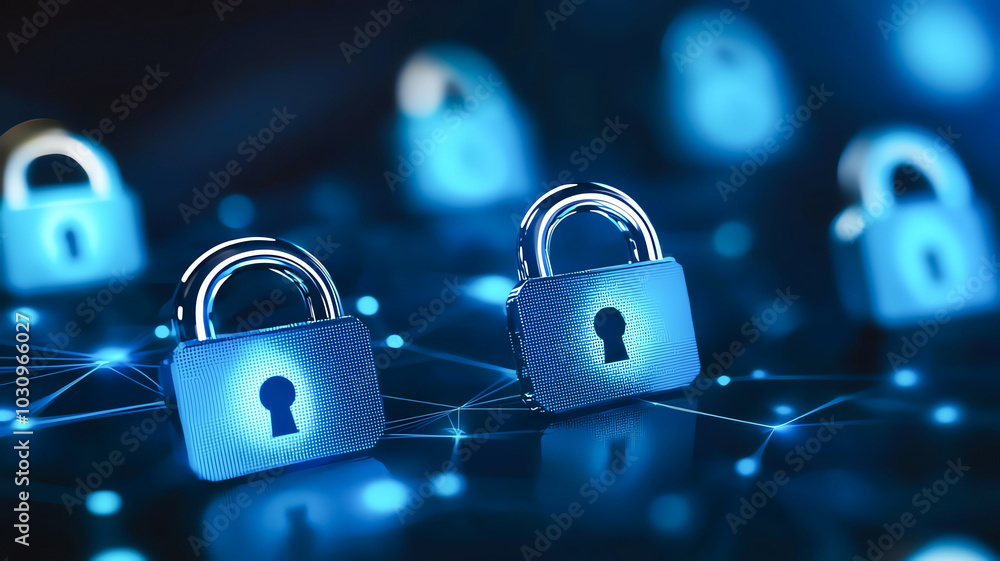 Poster a digital representation of secure locks in blue hues, symbolizing cybersecurity and data protection