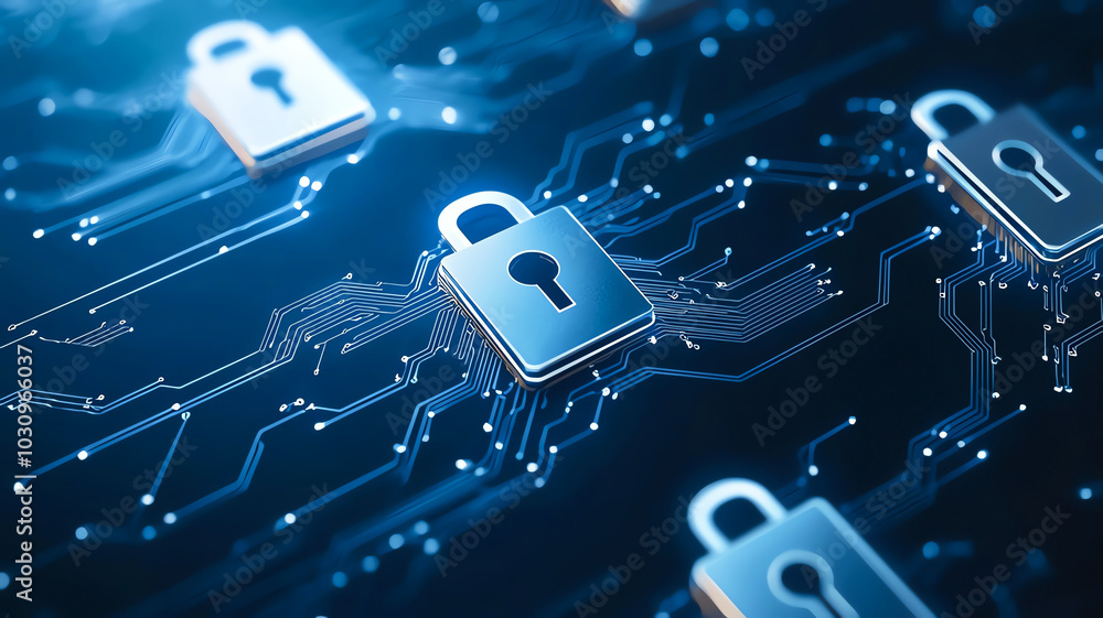 Poster digital locks on a circuit board represent cybersecurity and data protection. a modern concept of se
