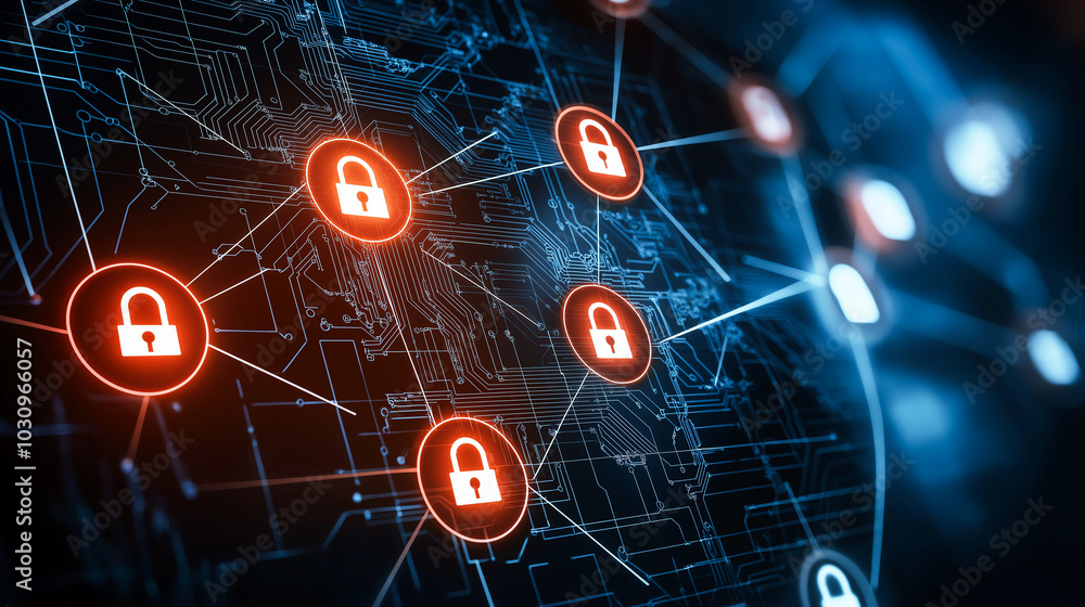 Poster digital network illustration showing interconnected nodes with padlocks, symbolizing cybersecurity a