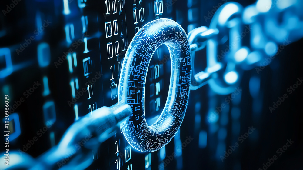 Poster close-up of a futuristic digital chain link against a background of binary code, symbolizing cyberse