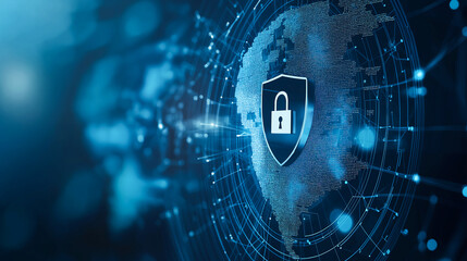 Digital security concept depicting a shield and lock symbol protecting global data from cyber threats.