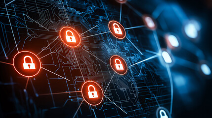 Obraz premium Digital network illustration showing interconnected nodes with padlocks, symbolizing cybersecurity and data protection.