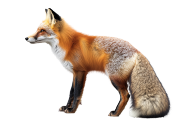 A majestic red fox standing elegantly against a white isolated background.