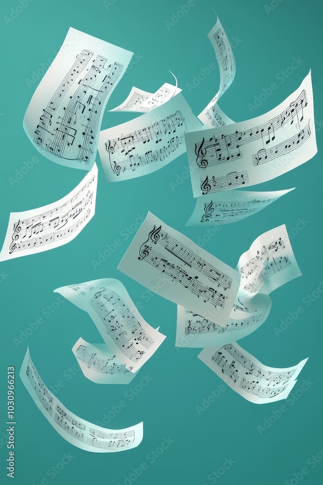 Aufkleber floating sheets of music notes create a dynamic and artistic atmosphere.