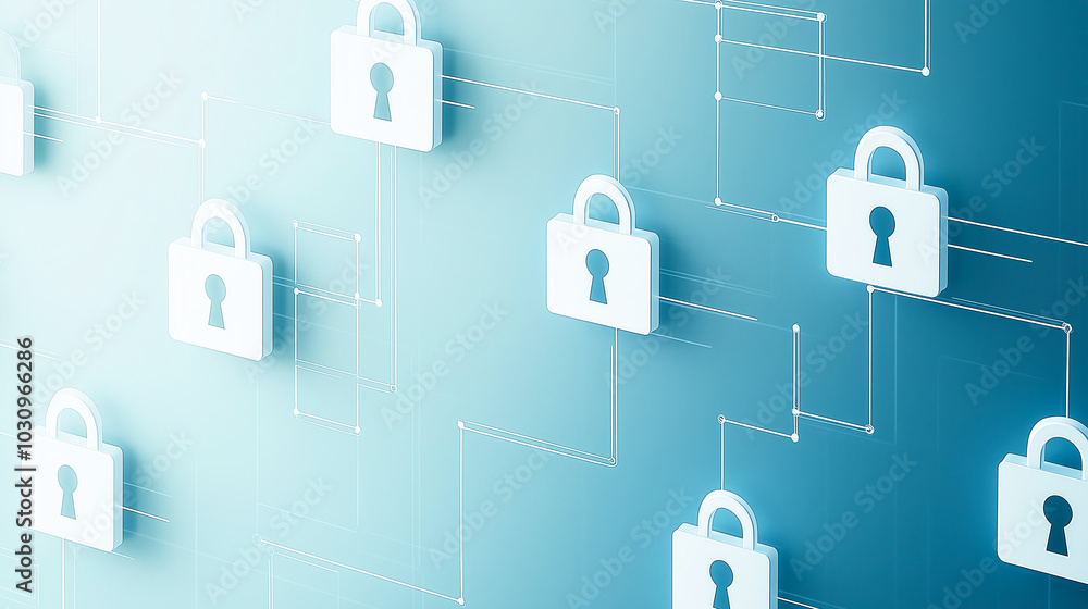 Poster abstract background with digital padlocks symbolizing cybersecurity and data protection in a modern 