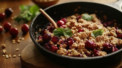 vegan cherry crumble in a skillet