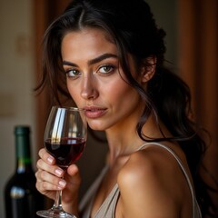 Italian woman savoring the fragrance of a  glass of fine red wine