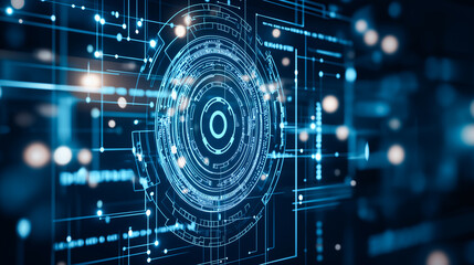 Fototapeta premium Futuristic abstract technology background with glowing circuits and data patterns, representing digital innovation and connectivity.
