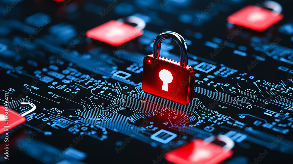 Poster digital security concept using lock symbol on a circuit background, representing data protection and
