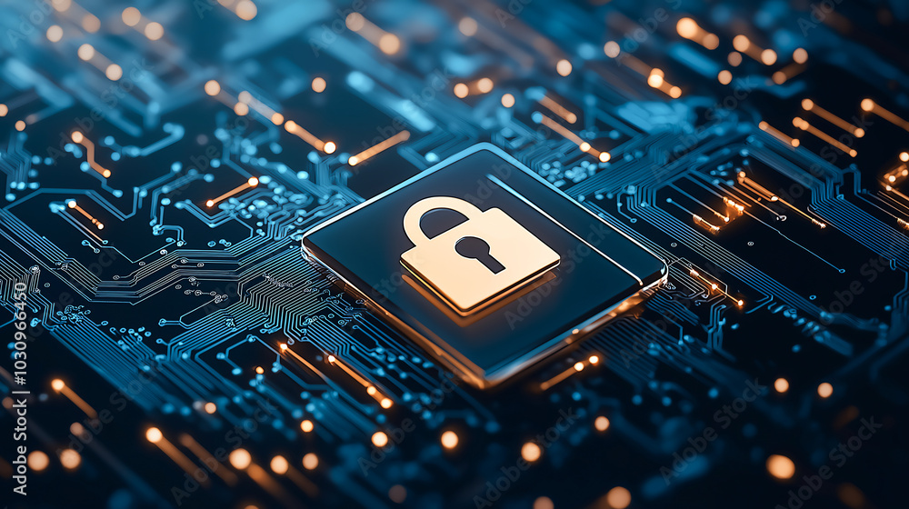 Poster digital security concept featuring a padlock on a circuit board, symbolizing protection and data sec