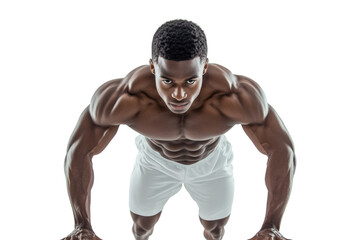 A muscular man performing push-ups, showcasing strength and determination against a white isolated background.