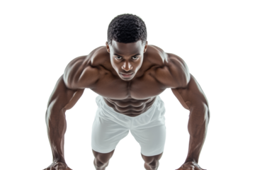 A muscular man performing push-ups, showcasing strength and determination against a white isolated background.