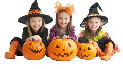 Fototapeta premium Family in Halloween costumes and with pumpkins on transparent background