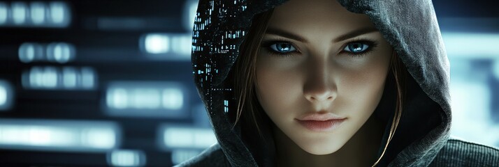Female Spy in Hoodie: Digital Composite with Computer Binary Code