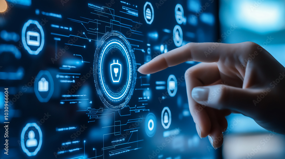 Poster futuristic interface with hand interacting, showcasing security icons and digital technology for cyb