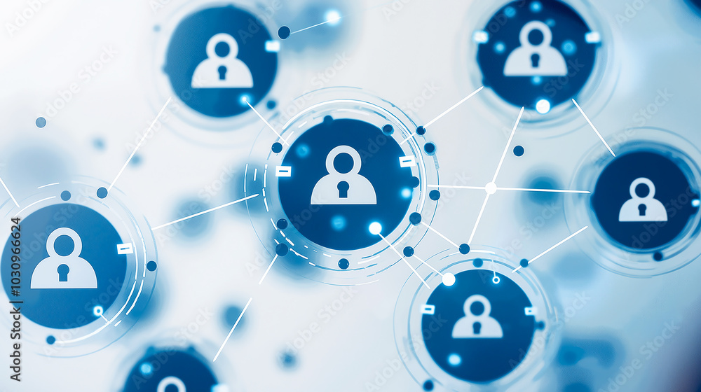 Poster abstract illustration of a secure network with user icons and digital connections, symbolizing priva