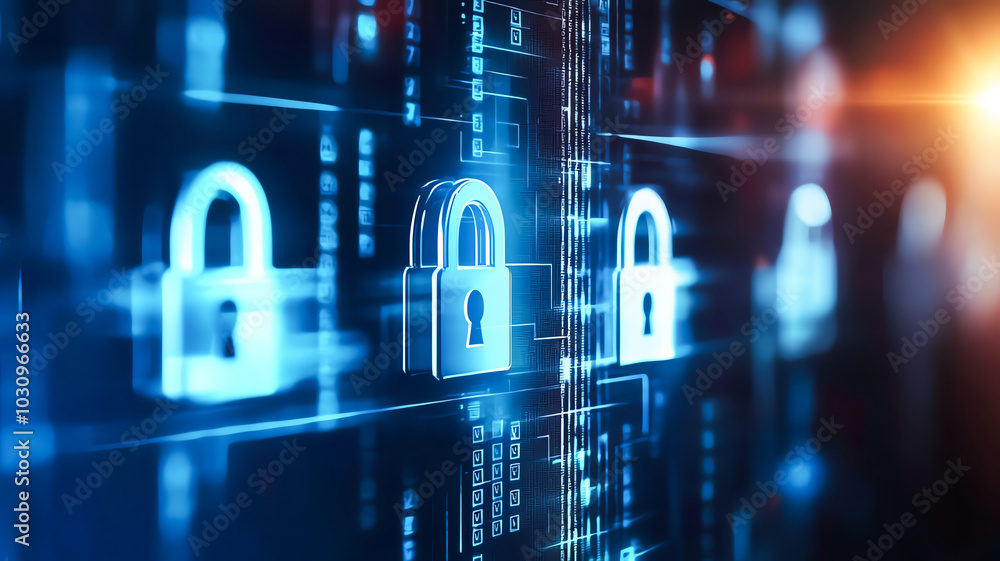Poster close-up view of digital locks with glowing effects, representing cybersecurity and data protection 