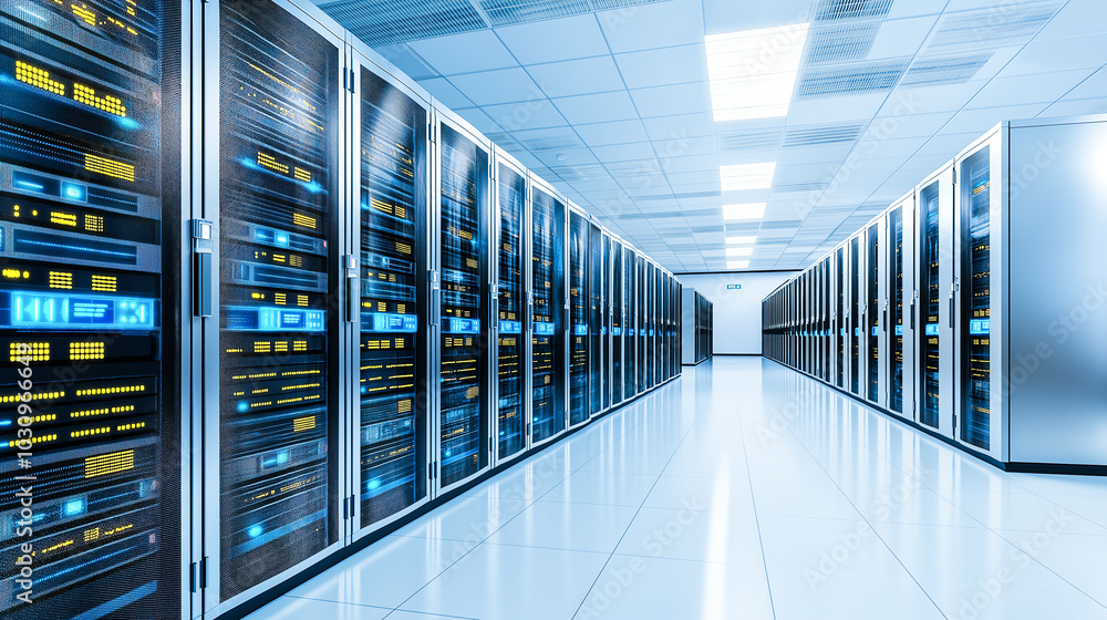 Poster a modern data center featuring rows of server racks, illuminated panels, and a sleek, clean environm