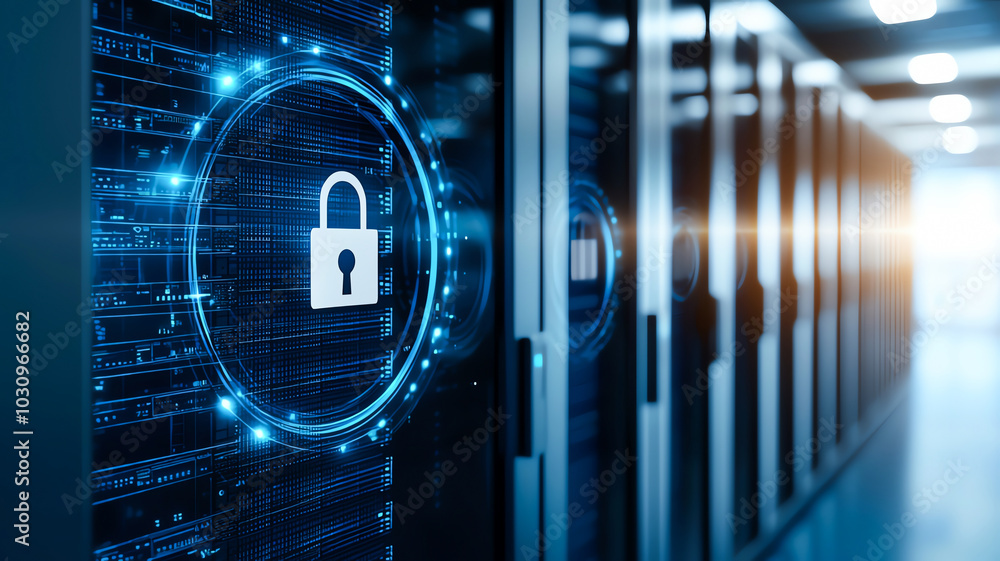 Poster a modern data center showcasing digital security with a padlock icon, emphasizing protection and pri