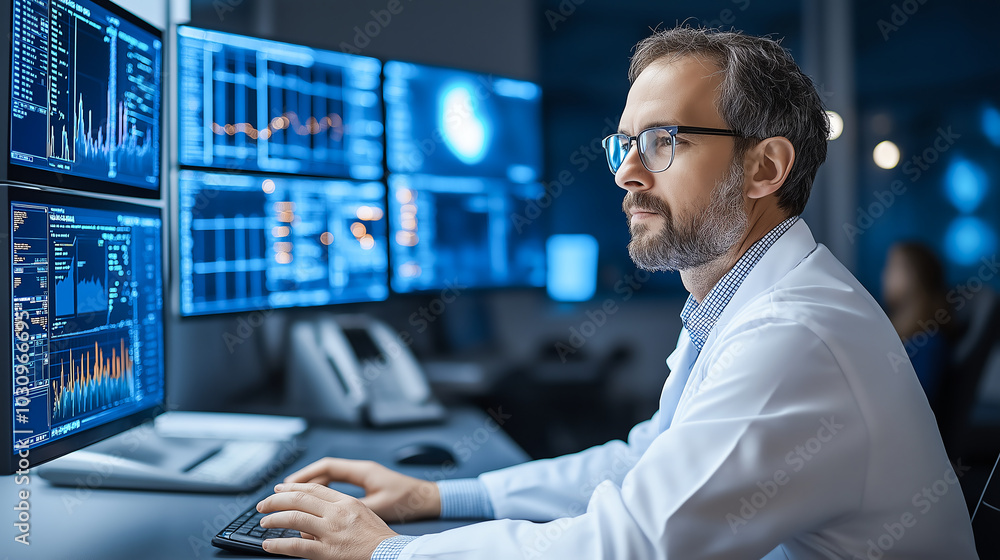 Poster a focused researcher analyzing data on multiple screens in a modern lab environment, showcasing inno