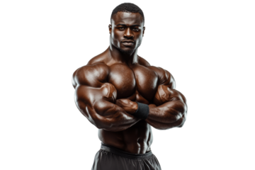 A muscular man posing confidently, showcasing strength and fitness. Perfect for health and wellness themes.