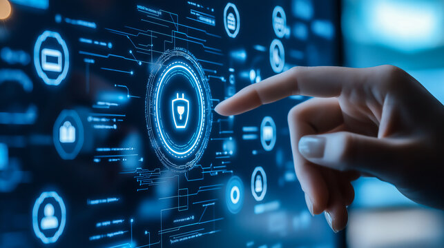 Futuristic interface with hand interacting, showcasing security icons and digital technology for cybersecurity concepts.