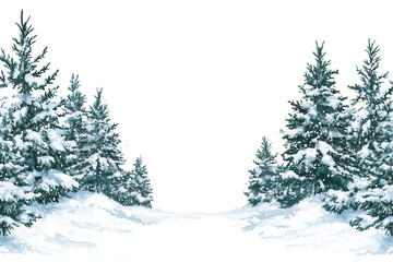 A serene, snowy winter forest landscape featuring tall evergreen pine trees covered in fresh snow. The scene has a calm and peaceful atmosphere, ideal as a seasonal background or holiday card backdrop