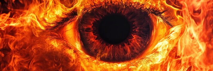 Fire Eye Abstract. Black Frame with Burning Flames in Heat Background