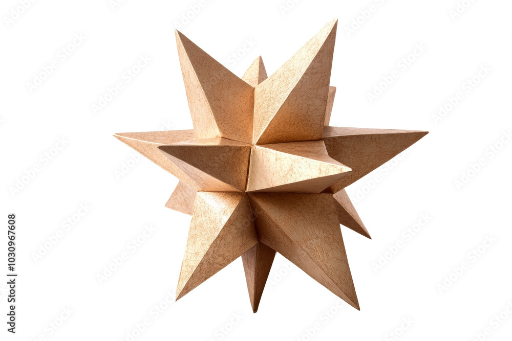 Poster a three-dimensional, wooden star sculpture with sharp points on a white isolated background.