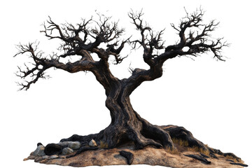 A unique, gnarled tree with intricate branches and textured bark against a white background.