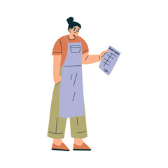 Woman Waitress at Cafe Standing in Apron with Menu Vector Illustration