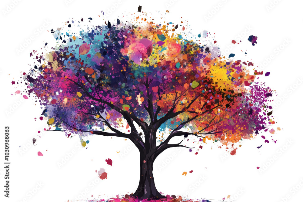 Poster a vibrant, artistic depiction of a colorful tree with splashes of paint in various hues against a wh
