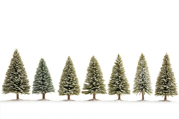 PNG cut out isolated background. A row of seven evergreen pine trees lightly covered in snow, standing tall against a pure white background. 