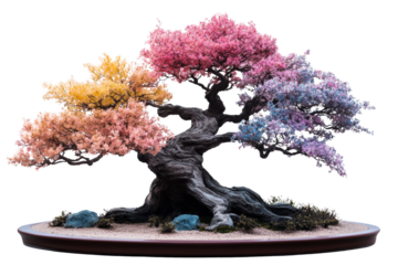 A vibrant, multi-colored bonsai tree showcasing yellow, pink, and purple foliage on a natural base.