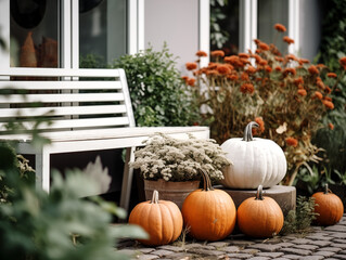 Garden decorated for halloween and fall. Fall garden decor with pumpkins, lanterns and wreaths