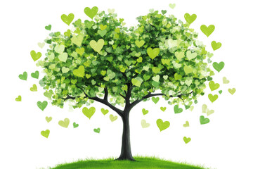 Obraz premium A vibrant tree with heart-shaped leaves symbolizing love and harmony on a white isolated background.