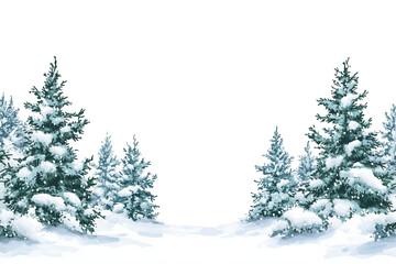Obraz premium A serene, snowy winter forest landscape featuring tall evergreen pine trees covered in fresh snow. The scene has a calm and peaceful atmosphere, ideal as a seasonal background or holiday card backdrop